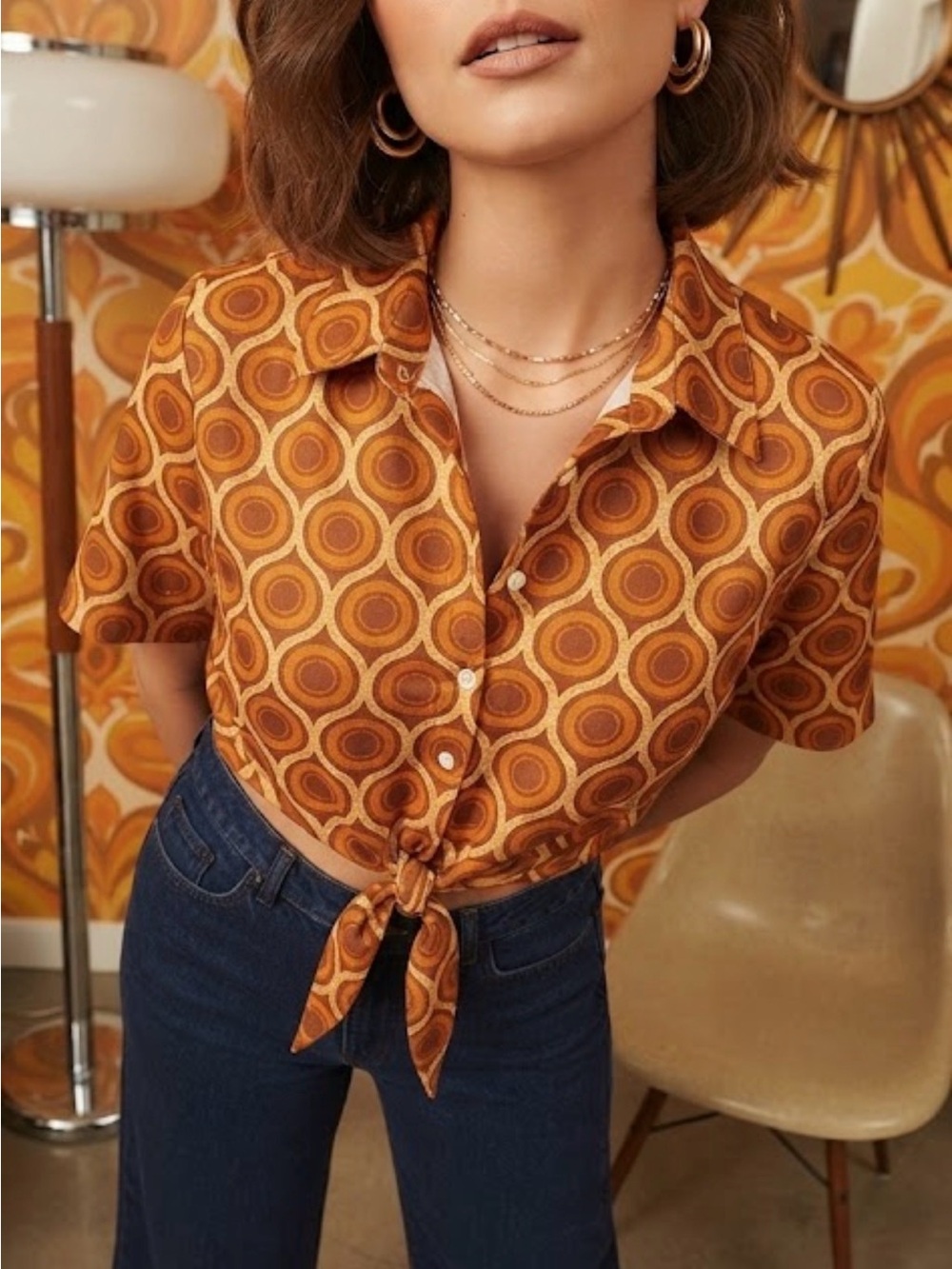 Cider Retro orange and brown crop blouse Size medium
